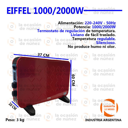 Imagen 2 de 6 de Caloventor Convector Eiffel Electrico 1000/2000w Calefactor