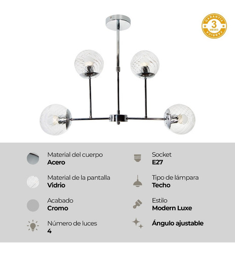 Imagen 6 de 8 de Lámpara De Techo Moderno Cromo 40w E27 4 Luces