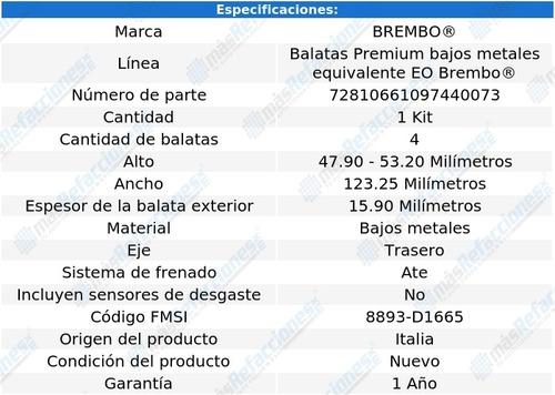 Balatas Bajos Metales Traseras Lincoln Mkz 15-16 Brembo
