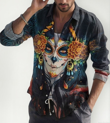 Cl Camisa Lino Algodón Día Los Muertos Camisa Calavera Mexic