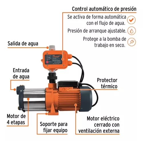 Bomba presurizadora multietapas 1/2 HP con control, Truper, Equipos y  Tanques Hidroneumáticos, 102384