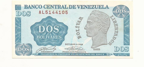 Billete De 2 Bolivar - Tinoquito Octubre 1989 Serial Al