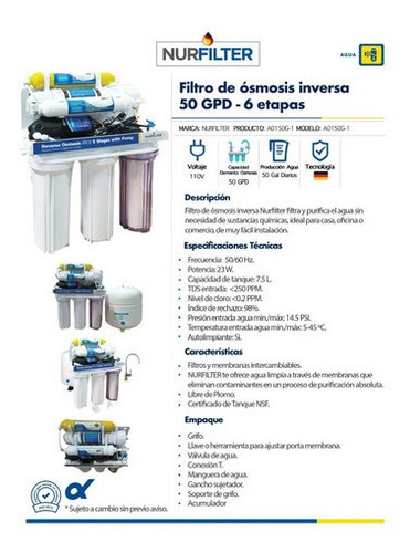Filtro Osmosis Inversa 50 Gdp 6 Etapas 110v Con Bomba Genpar