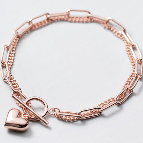 Brazalete Eslabones Y Charm De Corazón + Kit De Accesorios Color Rose 925 Diámetro 5.5 Cm Largo 17 Cm
