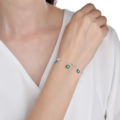Pulsera Flores Piedritas Plata 925 Mujer Regalo Verde 21 Cm