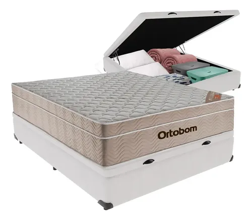 Cama Box Casal Ortobom AirTech Molas Ensacadas com Baú Branco