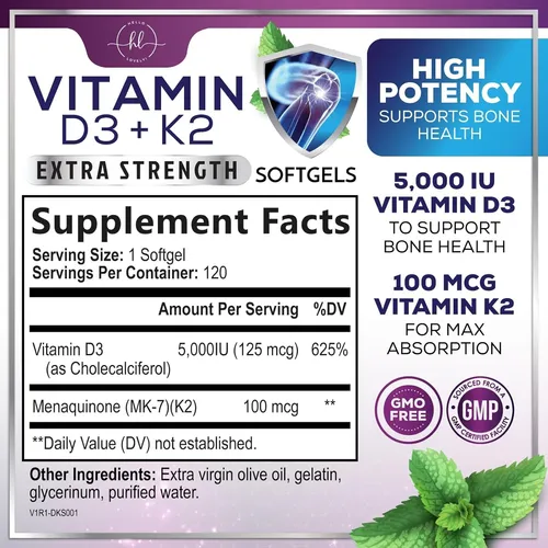 Vitamina D3 5000 Ui Y K2 100 Mcg Cápsulas Blandas 2 En 1 Par