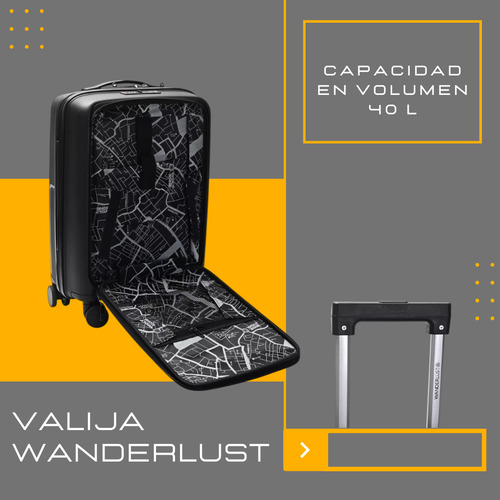 Valija Carry On Wanderlust Urban Mode Hard 20 Pulgadas Color Negro Cabina Viaje Rígida Con Ruedas Dobles Giro 360 Candado Tsa Interior Forrado Poliéster Bolsillo Frontal Asa Telescópica Reforzada