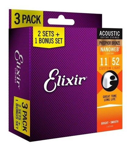 Encordoamento Elixir Cordas Violão 011 Phosphor Bronze Pack3