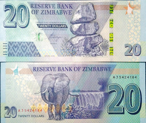 Billete De Zimbabwe 20 Dolares 2020, Papel Moneda Unc