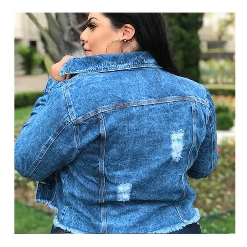 Jaqueta Jeans Feminino Plus Size Detalhe Rasgado G1 Ao G5