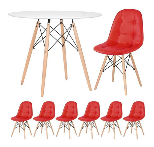 Mesa Jantar Eames 90 Cm 6 Cadeiras Estofada Botone Coloridas Cor Vermelho