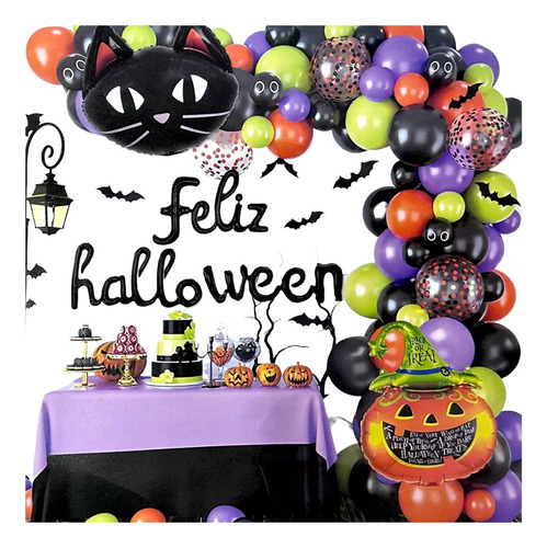 Set De Decoración Fiesta Hallowen Globos Gato 50pcs