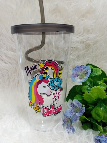 Vasos Con Pitillo Espiral Unicornio 800ml Niña Escolar 