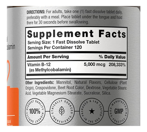 Vitamina B12 Sublingual 5000mcg 120 Tab Horbaach Bayas