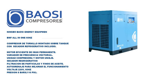 Compresor De Tornillo Baosi 7.5kw(10hp) 8 Bar 40cfm 220v,3ph