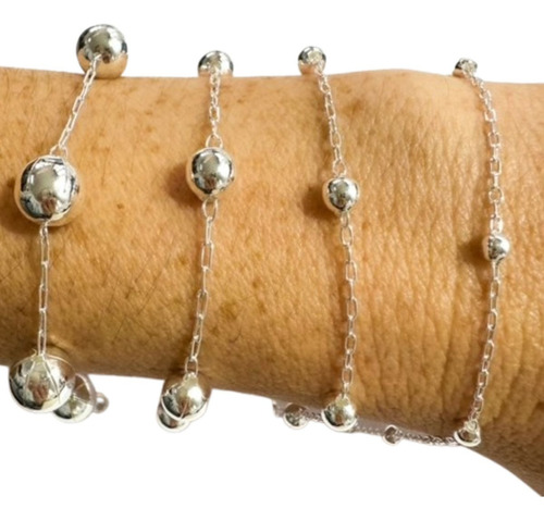 Pulseiras Bolas Feminina Folheadas A Prata Kit Com 04 Peças