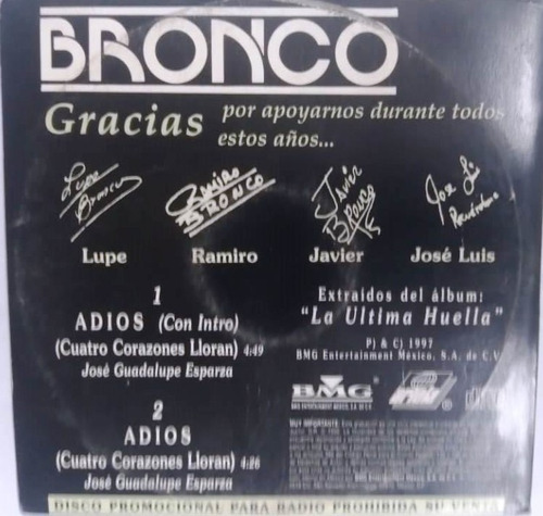 Bronco - Adios Single Promo Cd