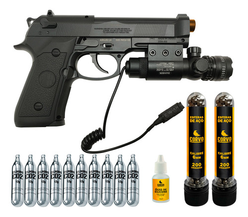 Pistola Pressão 6.0 M9 Pt92 6mm + Laser Verde + Kit Disparos