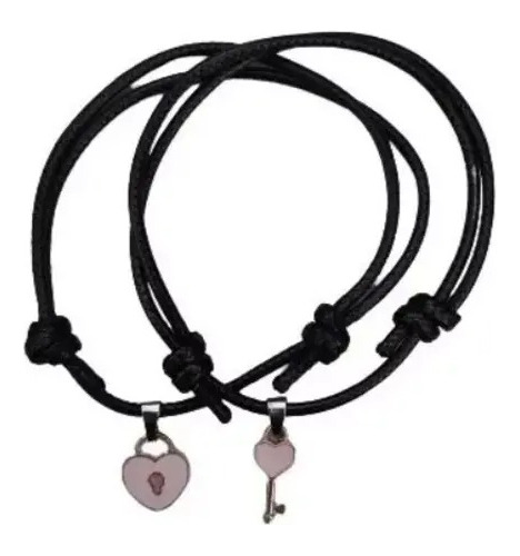 Pulsera Cuero Pareja Amistad Candado Llave Rosa