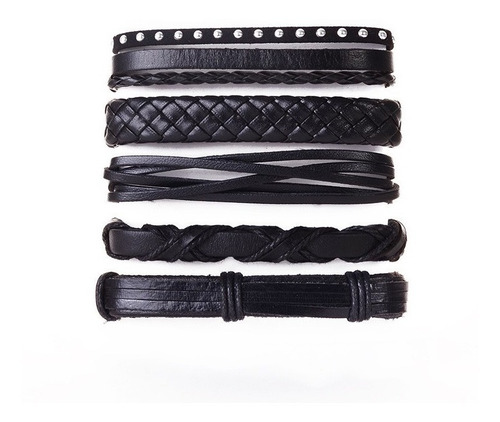 Conjunto Pulsera Brazalete Hombre Moda Cuero 5 En 1 Puntos