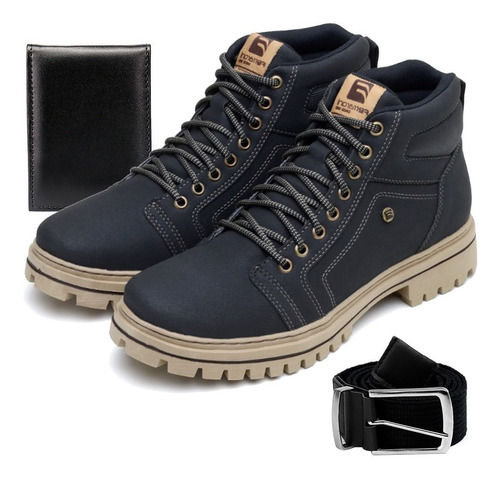 Kit De Bota Coturno Masculina Com Carteira + Relógio Slim