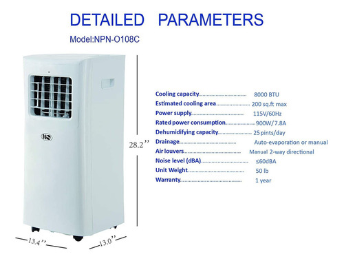 Aire Acondicionado Portátil, 8000 Btu, 200 Pies Cuadrados, U