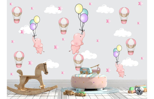Adesivo Decorativo De Parede Infantil Elefantes Balões Cute