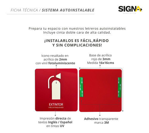 Letrero Extintor Acrílico 16x16cm Protección Civil Premium Rojo