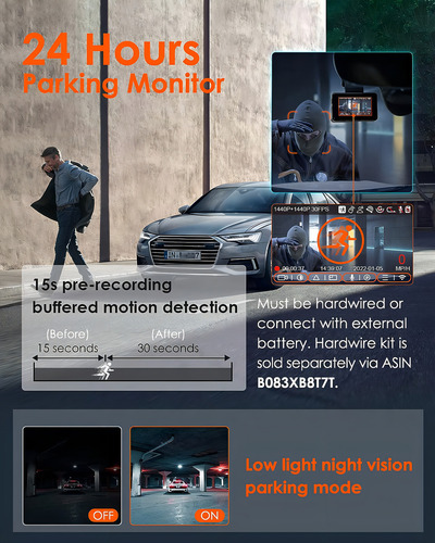 Cámara Para Vehículos Vantrue E2 Dash Cam Frontal Y Trasera De 1944p Con Wifi 5g, Gps U Control De Voz, Modo Para Estacionar, Visión Nocturna Mejorada Y Detección De Movimiento.