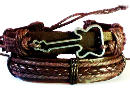 Kit 2 Pulseiras Masculinas Femininas Couro Guitarra Tribal