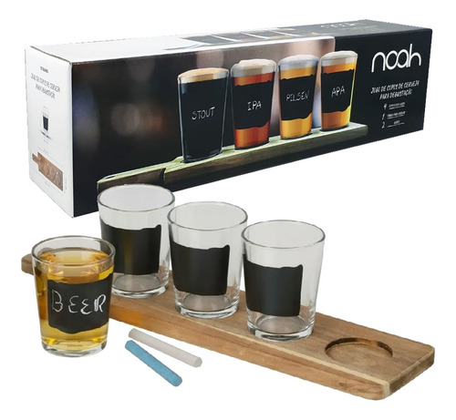 4 Copos E Tábua Para Degustação De Cerveja E Chopp Com Giz
