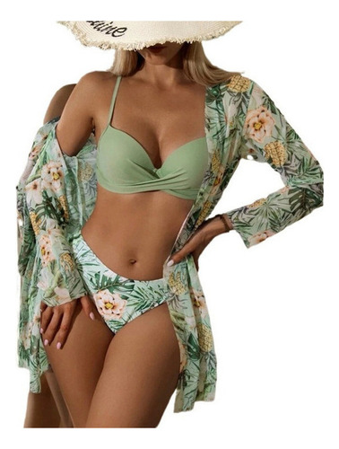Para 3pcs Bañador Deportivo Solid Floral Talle Alto Bikini