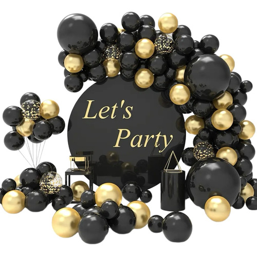 Kit De Globos Para Decoracion Negro Dorado Confeti  112pz