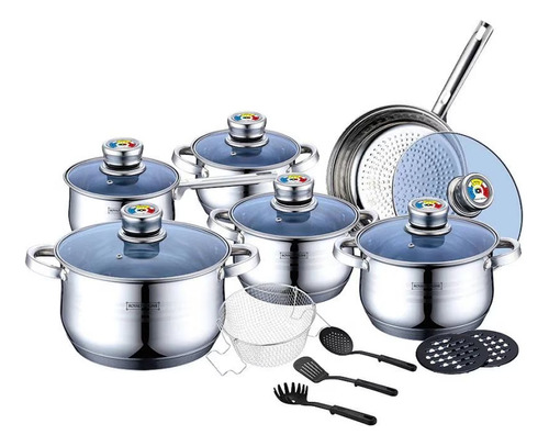 Juego Batería Cocina 18pz Accesorios Acero Inox Tapa Vidrio