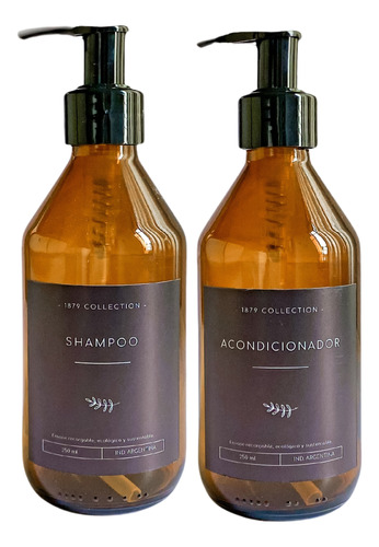 Set X2 Dispenser Vidrio Shampoo+acondicionador 250 Ml Negro