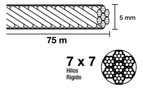 Cable De Acero 3/16' Rígido 7x7 Recubierto Pvc, Carrete 75 M