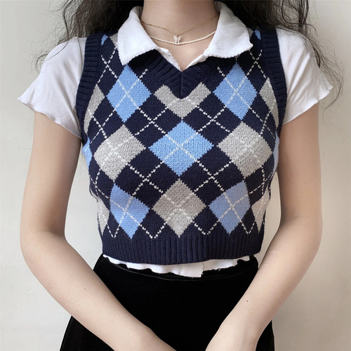 Chaleco De Punto A Cuadros Para Mujer, Casual, Todo Combinad