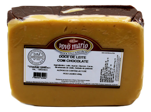 Doce De Leite Tablete Com Chocolate Com Açúcar 450g Vô Mário