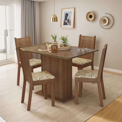 Sala De Jantar Mesa Tampo De Vidro 4 Cadeiras Camélia Madesa Cor Rustic/Lírio Bege