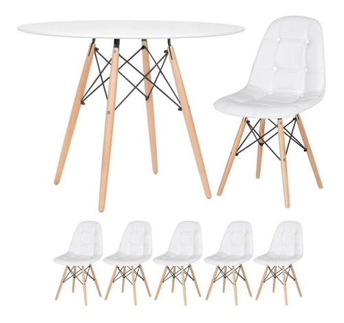 Mesa Jantar Eames Wood 100 Cm + 5 Cadeiras Estofadas Botonê Cor Mesa branco com cadeiras branco