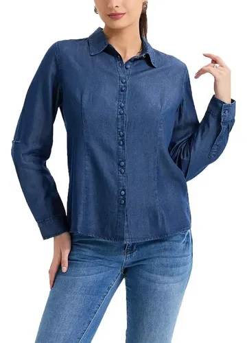 Blusa De Mezclilla Casual De Manga Larga Con Botones