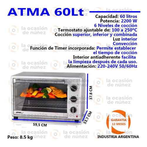 Imagen 2 de 5 de Horno Eléctrico De Mesa Atma 60l Grill Convección 2200w