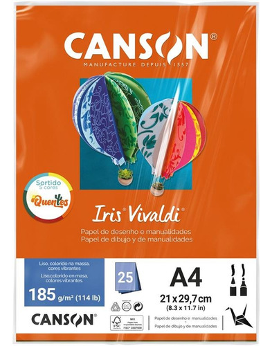 Papel A4 185g Canson Iris Vivaldi Cores Com 25 Fls Cor Cores Quentes