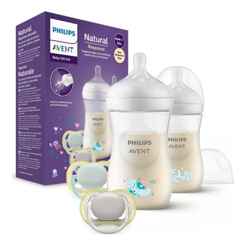 Set X 2 Tetero Natural 3.0 9 Oz Avent Con Entretenedores  