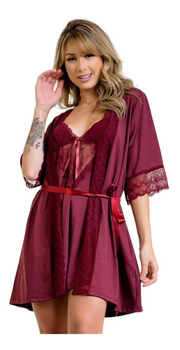 Kit Pijama Camisola Sexy Com Robe Renda Hobby Manga Lingerie