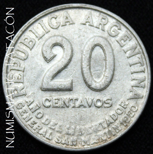 Moneda Argentina 20 Centavos Año San Martin - 1950