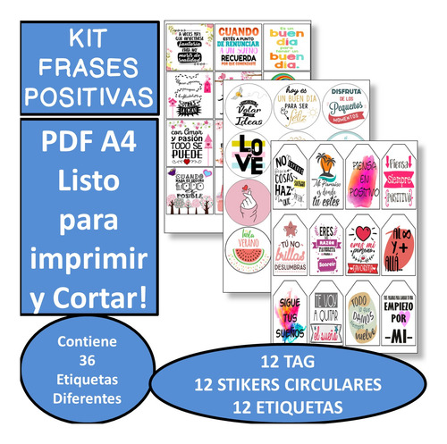 Imagen 1 de 4 de Kit Imprimible 03 Frases Color Stikers Tag Topper Emprender