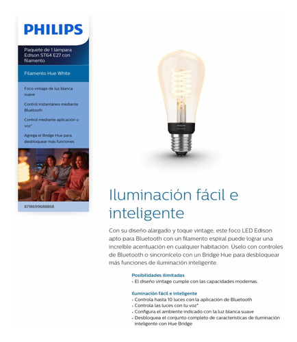 Imagen 3 de 9 de 2- Ampolletas Philips Hue Filamento Vintage Edison St64 Bt