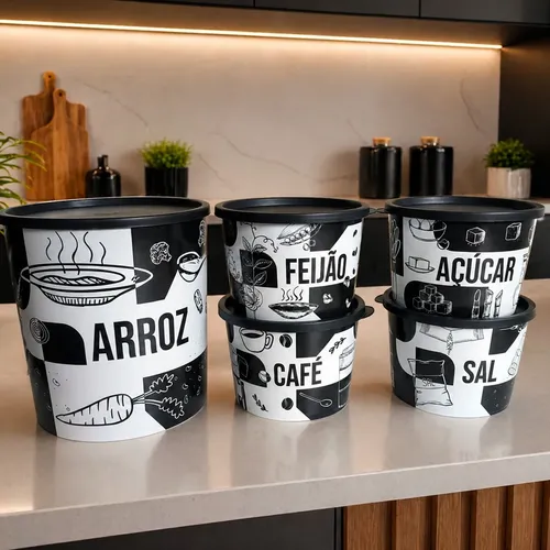 Jogo ​Porta Mantimento 5 Peças Com Tampa ( Pote Arroz 4,5kg) Preto